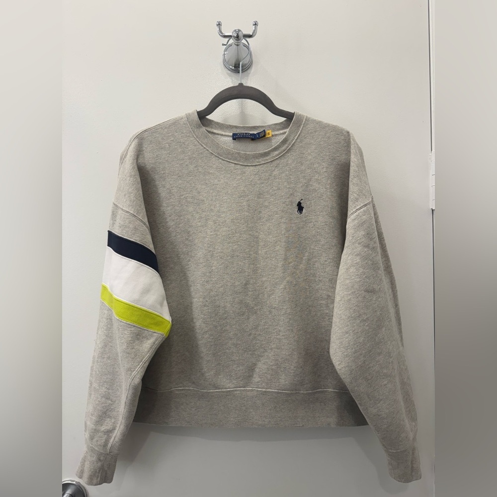 US Open: Polo by Ralph Lauren Heather Gray Crewneck with Navy and Lime Stripes